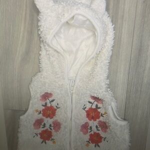 Floral Embroidered Fuzzy Vest with Hood